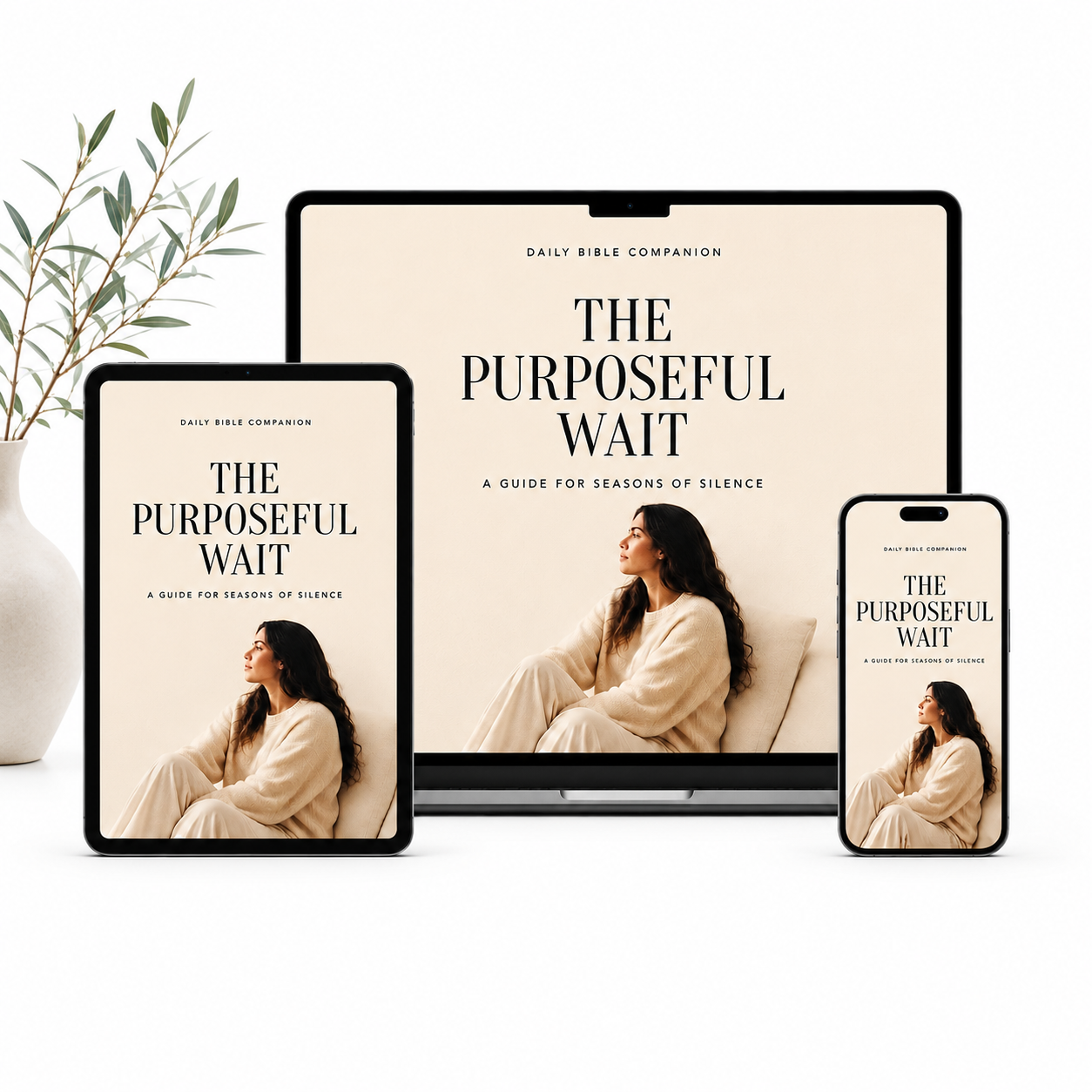 The Purposeful Wait — printable Christian devotional guide for waiting seasons and unanswered prayer, shown on tablet and phone. Instant PDF download by Daily Bible Companion.