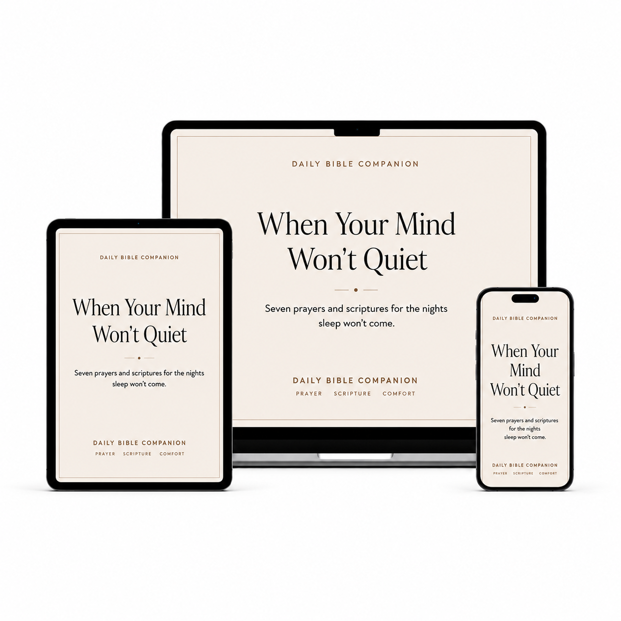 When Your Mind Won't Quiet — free printable 7-prayer guide for anxious nights and racing thoughts, shown on laptop, tablet, and phone. Instant PDF download by Daily Bible Companion.